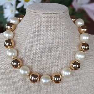 Vintage Napier Chunky Faux Gold and Pearl Round Bead Collar Necklace